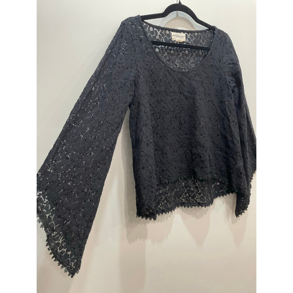 Ralph Lauren Denim Supply Black Sheer Lace Top M Bell Sleeve Witchy Whimsigoth